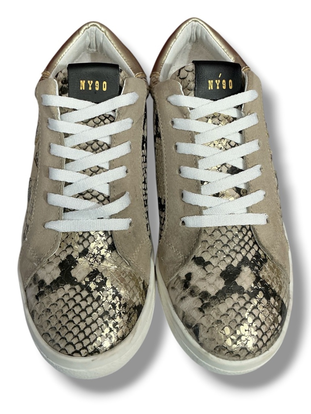 Steve Madden Metallic Gold & Cream Snake-Print Sneakers - Picture 4 of 12